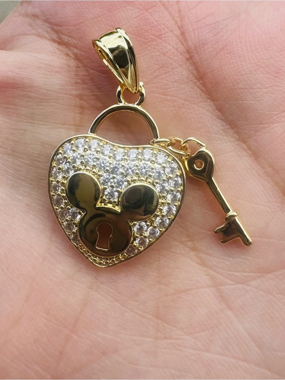 Gold Filled Mouse Heart Lock & Key CZ Pendant